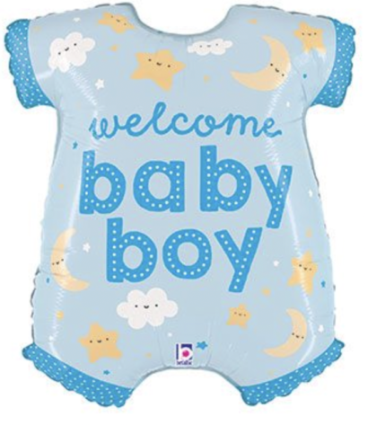 Welcome Baby Boy Onesie Foil Balloon with stars, clouds, and moon design, perfect for baby showers, hospital visits, and newborn celebrations.