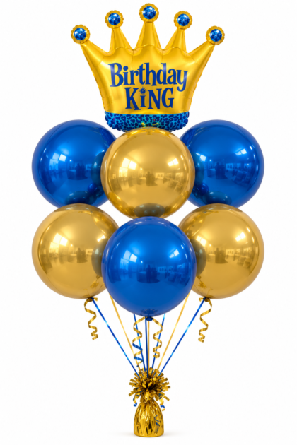 King for a Day Birthday Balloon Bouquet featuring a gold Birthday King crown balloon and six perfectly round blue and gold Orbz balloons.