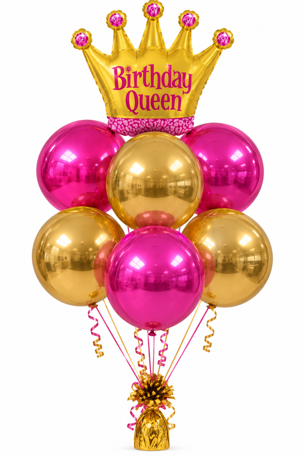 Queen for a Day Birthday Balloon Bouquet featuring a gold Birthday Queen crown balloon and six perfectly round metallic pink and gold Orbz balloons.