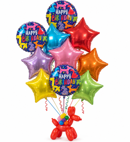 Bal-Looney Dog Birthday Balloon Bouquet featuring colorful metallic star balloons, three Happy Birthday Mylar balloons and a red balloon dog base.