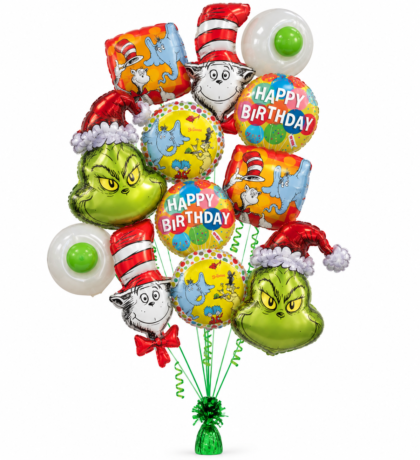 Dr. Seuss Birthday Balloon Bouquet featuring Cat in the Hat, Grinch and Horton character Mylar balloons with colorful Happy Birthday balloons.