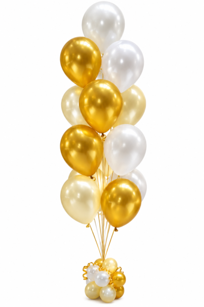 Gold, white and ivory latex balloon tree with 13 helium-filled balloons and a coordinating balloon base, perfect for weddings, birthdays and elegant events.