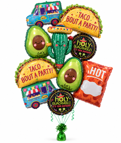 Taco Tuesday Birthday Balloon Bouquet featuring taco-shaped Mylar balloons, smiling avocados, colorful taco trucks, cactus and guacamole birthday balloons.