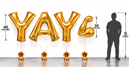 Giant gold YAY balloon letters featuring 40-