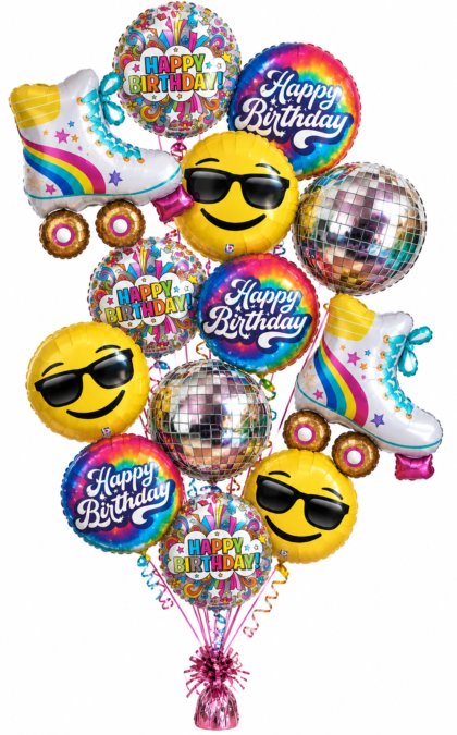 Groovy roller skate birthday balloon bouquet with disco balls and smiley face balloons