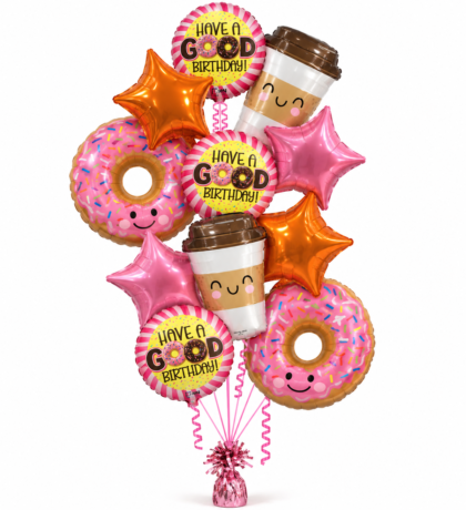 Dunkin Birthday Balloon Bouquet featuring pink donut balloons, smiling coffee cup Mylar balloons, colorful birthday balloons and metallic stars.