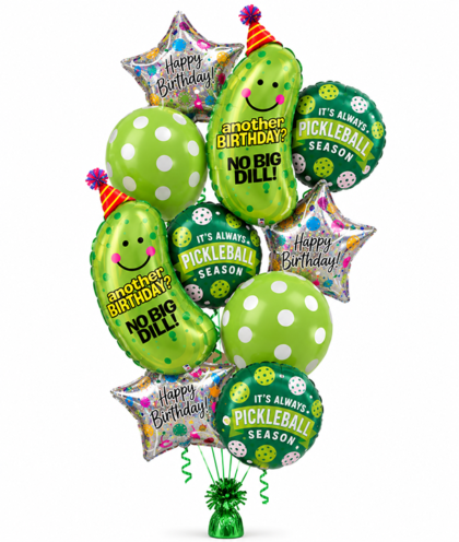 Pickleball Birthday Balloon Bouquet featuring smiling pickle balloons, green pickleball-themed Mylar balloons, polka-dot latex balloons and silver Happy Birthday stars.