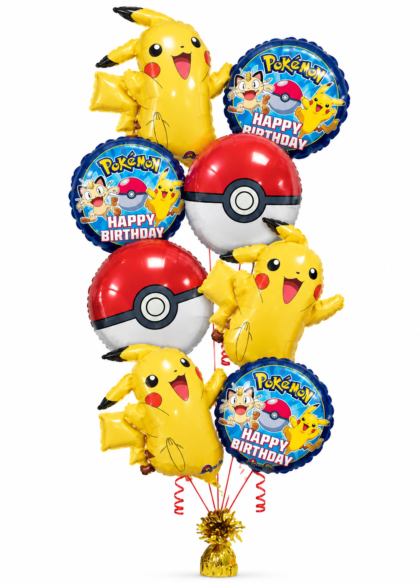 Pokémon Birthday Balloon Bouquet featuring Pikachu Mylar balloons, red and white Poké Ball balloons and colorful Pokémon Happy Birthday balloons.