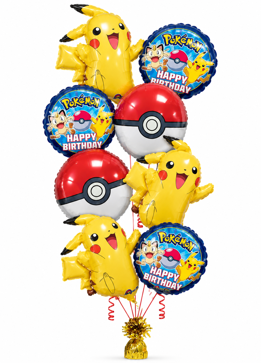 Pokémon Birthday Balloon Bouquet featuring Pikachu Mylar balloons, red and white Poké Ball balloons and colorful Pokémon Happy Birthday balloons.