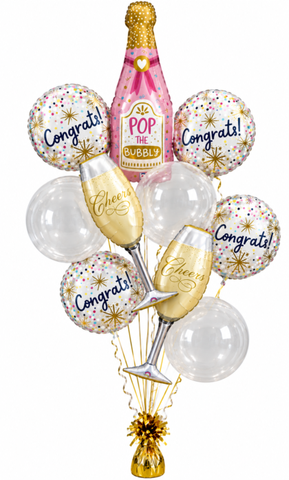 Pop the Bubbly congratulations balloon bouquet featuring a pink champagne bottle, gold Cheers balloons, clear bubble balloons, and festive Congrats balloons.