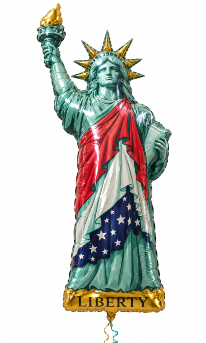 Statue of Liberty Mylar balloon featuring a metallic green finish, gold crown and torch, and red, white, and blue patriotic decorations.