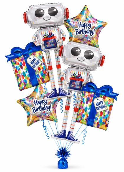 AI Birthday Balloon Bouquet featuring two smiling silver robot Mylar balloons, colorful birthday gift balloons and holographic Happy Birthday stars.