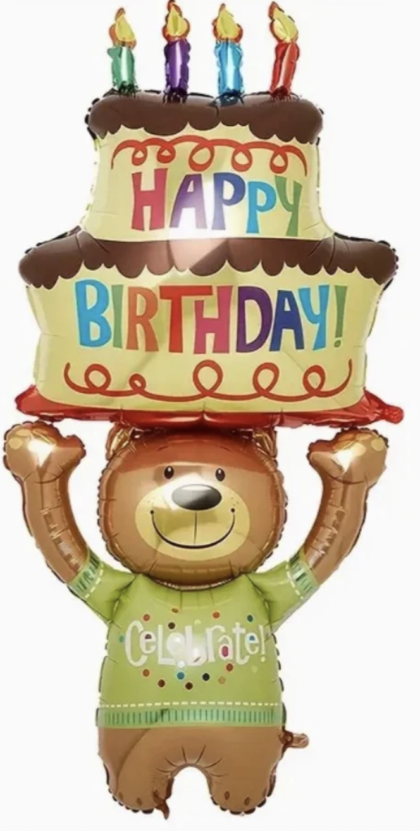 4-foot Birthday Bear foil balloon featuring a teddy bear holding a colorful birthday cake with candles, helium-filled and available for local delivery.