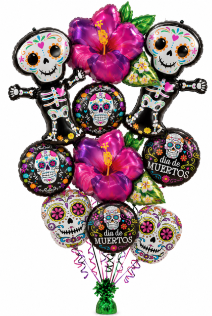 Day of the Dead balloon bouquet with sugar skull and Dia de los Muertos balloons