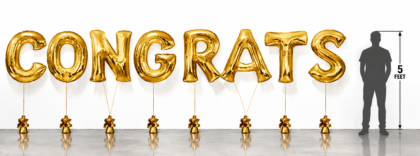 Gold CONGRATS balloon letters, 40-inch metallic foil balloons floating indoors with a 5-foot silhouette for size comparison.