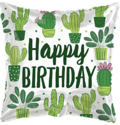 18-inch Happy Birthday cactus Mylar balloon featuring green lettering, colorful potted cacti and succulent designs on a white background.