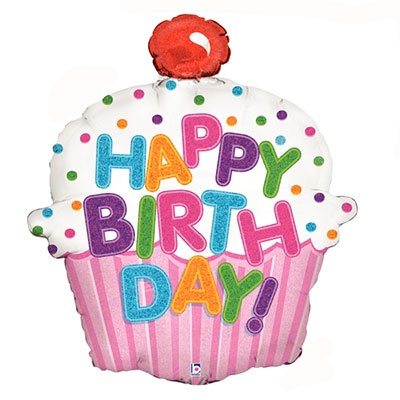 28-inch Happy Birthday cupcake foil balloon featuring pink cupcake wrapper, white frosting, colorful sprinkles, cherry topper, and multicolored birthday message, professionally filled with helium.