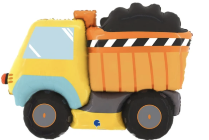 Yellow construction dump truck foil balloon carrying a load of dirt, perfect for construction-themed birthday parties, truck lovers, and kids' celebrations.