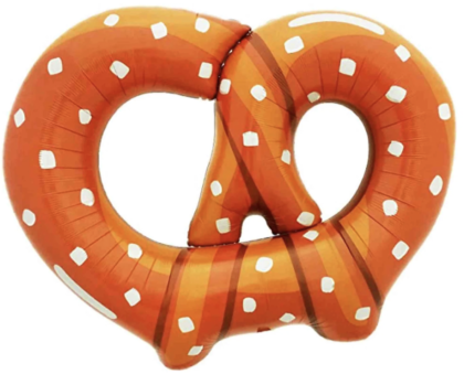 Pretzel-shaped foil balloon featuring a golden-brown baked pretzel with white salt crystals, perfect for Oktoberfest and food-themed celebrations.
