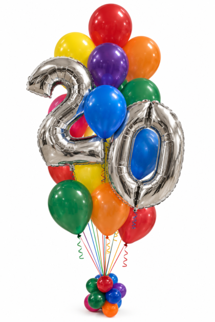 Custom number balloon bouquet featuring silver foil number balloons and colorful helium-filled latex balloons.