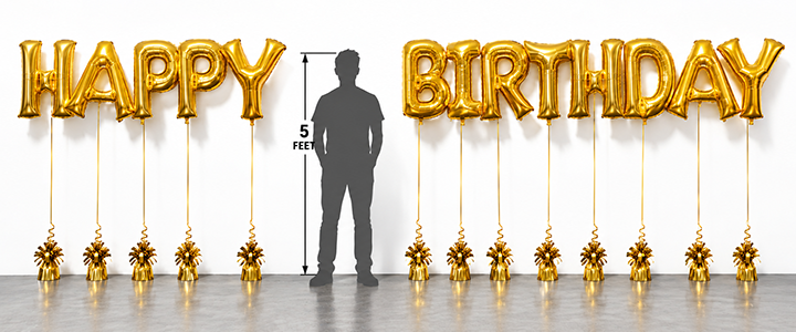 40-inch gold Happy Birthday Mylar letter balloons displayed with individual weights and a 5-foot person silhouette for height comparison.