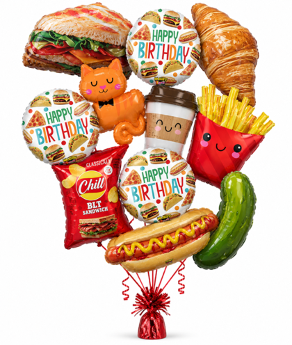NYC Bodega Birthday Balloon Bouquet featuring sandwich, coffee cup, croissant, hot dog, pickle, french fries, cat and Happy Birthday Mylar balloons.