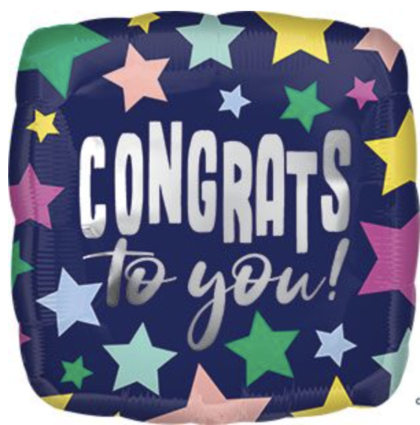 Helium-filled Congrats to You foil balloon with silver lettering and colorful stars on a navy blue background for graduations, promotions, retirements, and celebrations.