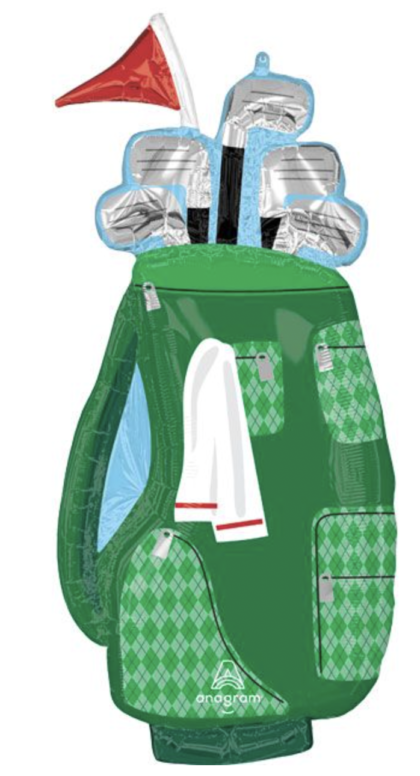 Helium-filled Golf Bag Foil Balloon featuring golf clubs, a golf towel, and flag, perfect for golf birthdays, tournaments, Father's Day, and retirement celebrations.
