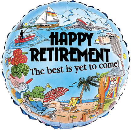 Happy Retirement The Best Is Yet to Come foil balloon featuring a beach, golf clubs, sailboat, airplane, flowers, and tropical retirement scene.