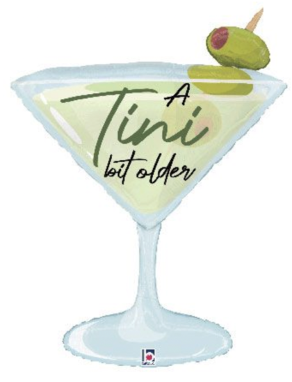 Martini glass foil balloon with olive garnish and "A Tini Bit Older" birthday message, perfect for milestone birthdays, cocktail parties, and adult celebrations.