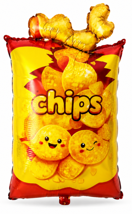 Potato chips bag foil balloon with smiling chip characters popping out of the top, perfect for snack-themed parties, birthdays, and food celebrations.