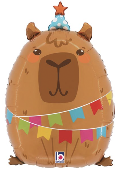 Cute capybara foil balloon wearing a party hat and colorful birthday banner, perfect for kids' birthdays, animal-themed parties, and capybara lovers.