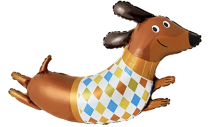 Cute dachshund foil balloon wearing a colorful argyle sweater, perfect for dog-themed parties, birthdays, pet celebrations, and dachshund lovers.