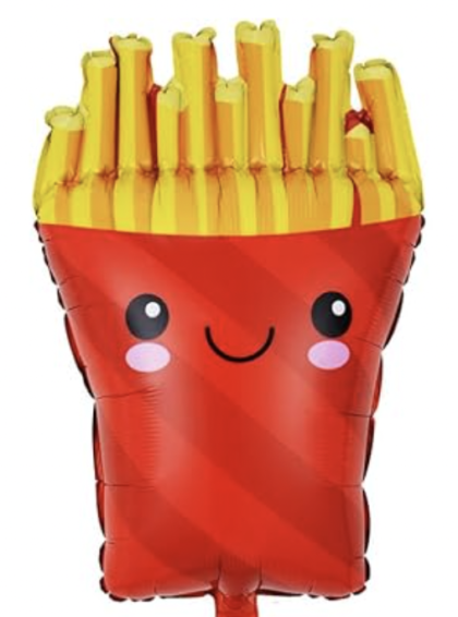 French fries foil balloon featuring a smiling red fries container filled with golden fries, perfect for birthdays, food-themed parties, and restaurant events.