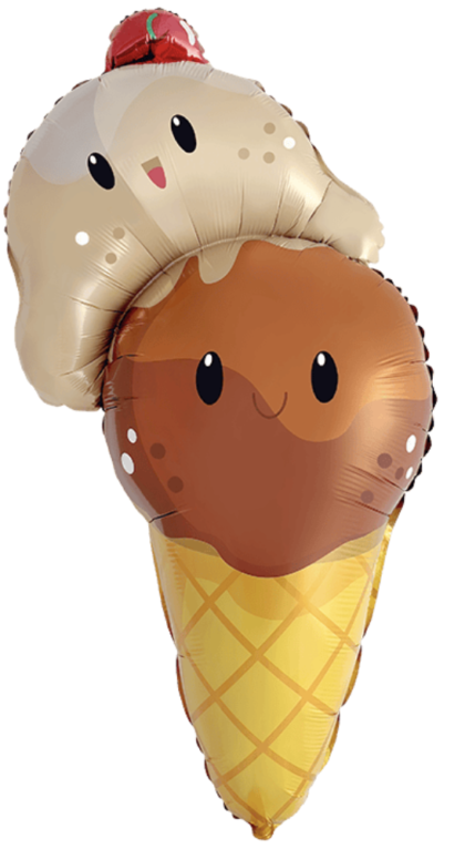 Cute ice cream cone foil balloon featuring smiling vanilla and chocolate scoops with a cherry on top in a waffle cone.