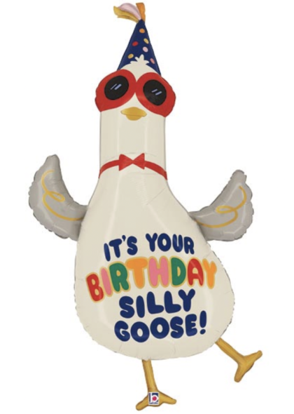 Funny Silly Goose birthday foil balloon wearing party glasses, a party hat, and bow tie with the message "It's Your Birthday Silly Goose!"
