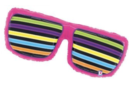 Neon striped sunglasses foil balloon with bright pink frames and colorful striped lenses, perfect for retro parties, birthdays, summer celebrations, and photo booths.