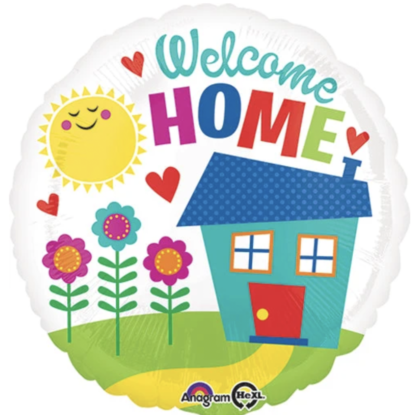 Welcome Home foil balloon featuring a colorful house, flowers, smiling sunshine, and hearts, perfect for housewarming parties and homecoming celebrations.