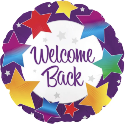 Welcome Back foil balloon featuring colorful stars on a purple background, perfect for school, work, military homecomings, family reunions, and welcome back celebrations.