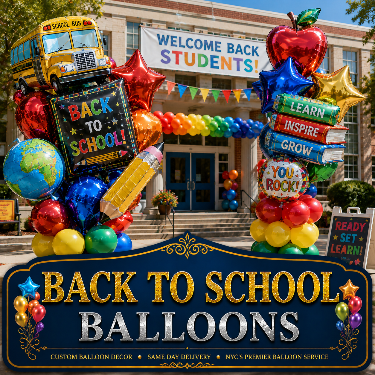 Back to school balloon decorations and Mylar balloons at a NYC school