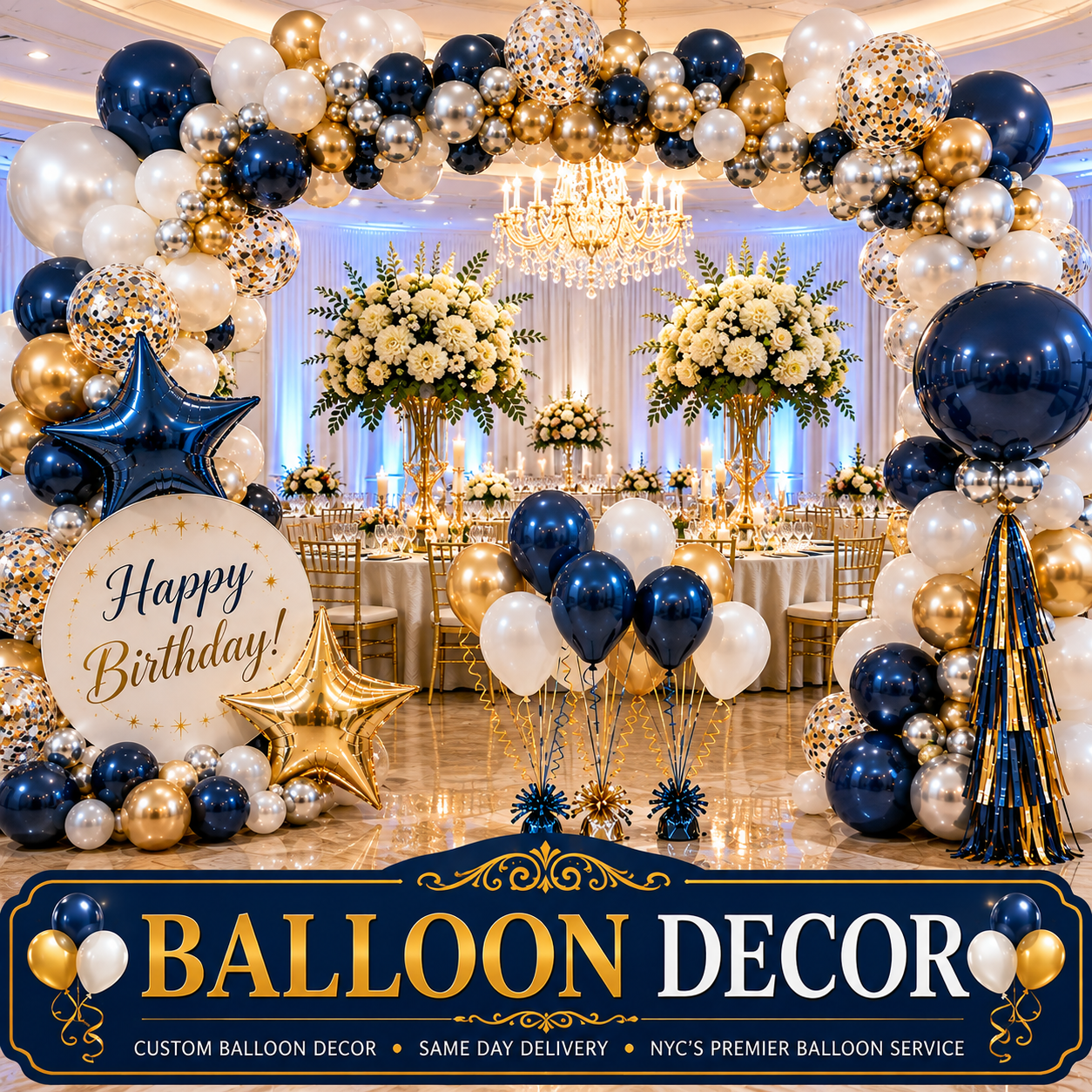 Colorful balloon decor and custom balloon arch with same-day balloon delivery in NYC by Balloon Saloon