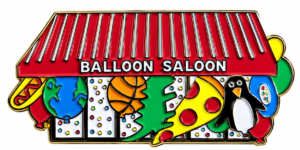 Balloon Saloon NYC balloon store logo with colorful balloons and red storefront awning