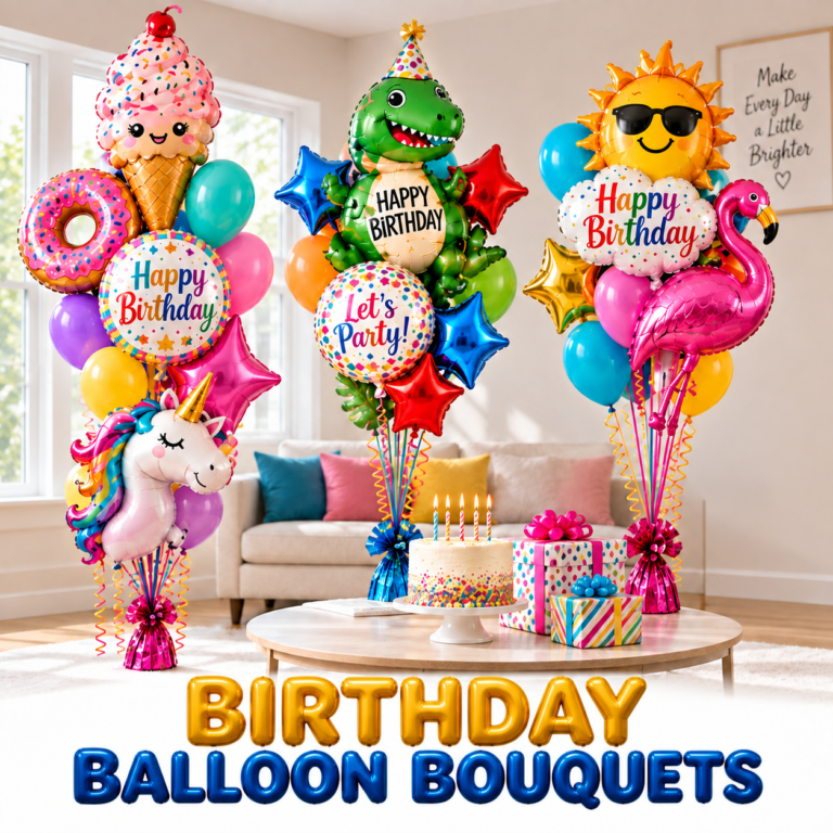 Colorful birthday balloon bouquets in NYC featuring dinosaur, unicorn, flamingo and birthday balloons