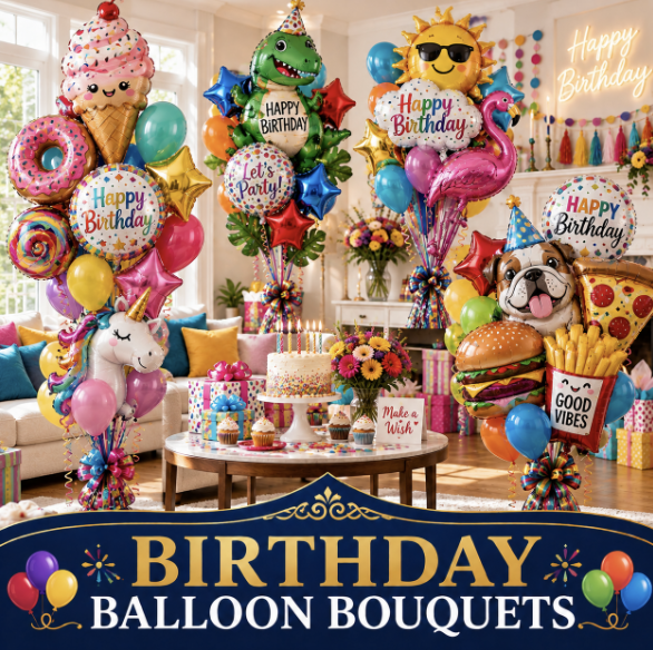 Birthday balloon bouquets with colorful latex, animal and food shaped balloons in NYC