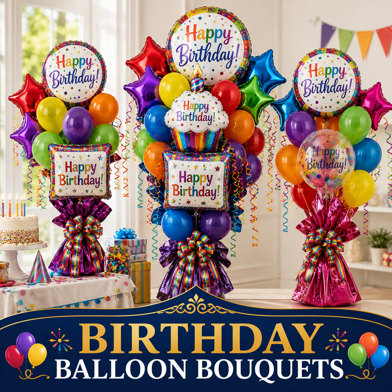 Colorful birthday balloon bouquets available for delivery in NYC from Balloon Saloon