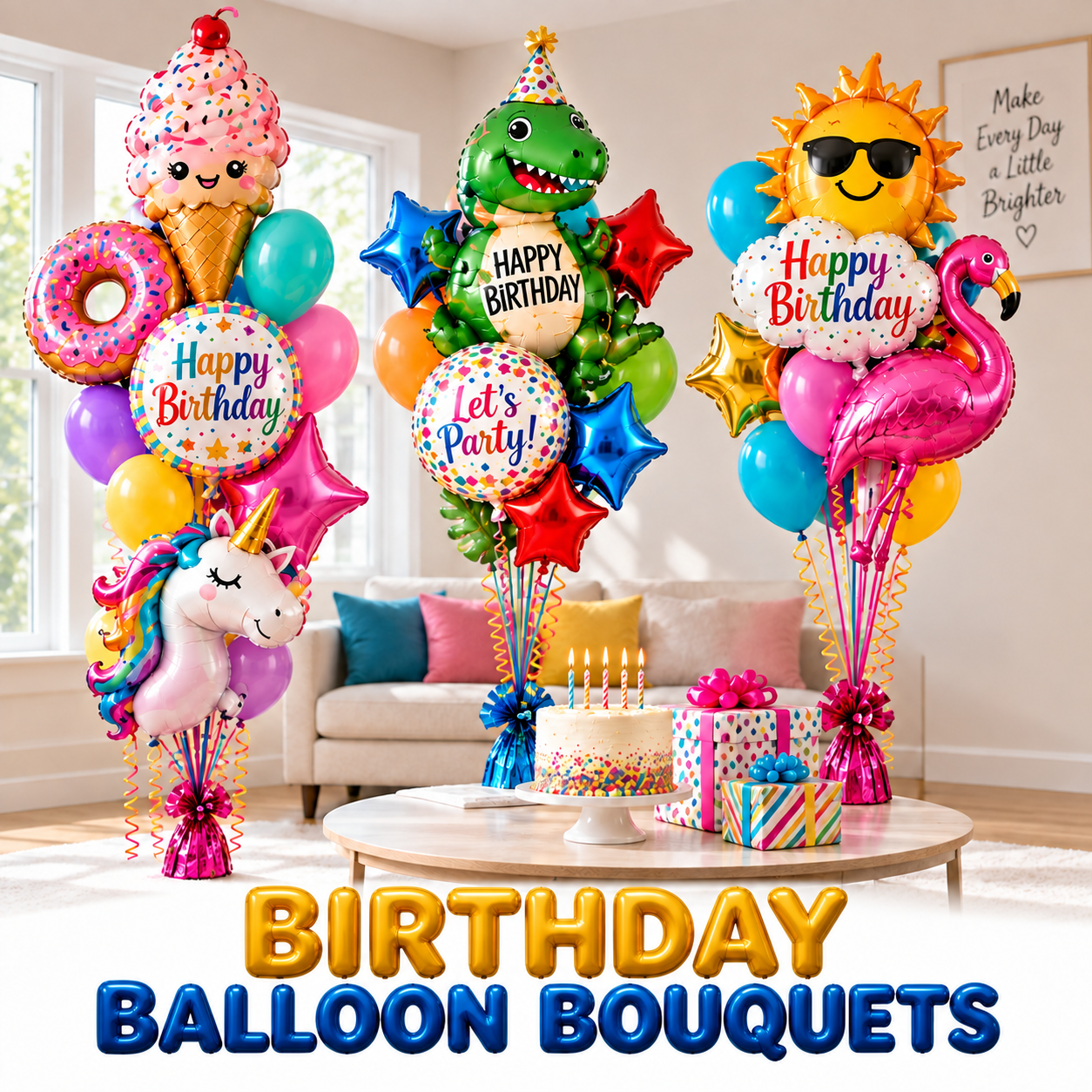 Colorful birthday balloon bouquets in NYC featuring dinosaur, unicorn, flamingo and birthday balloons