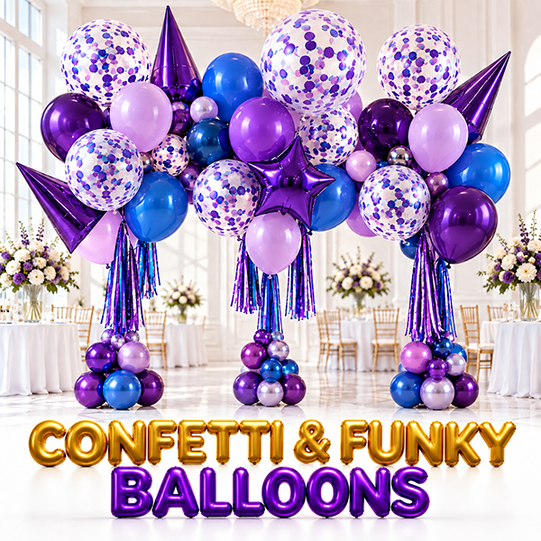 Confetti and funky balloons in purple and blue for parties and events in NYC