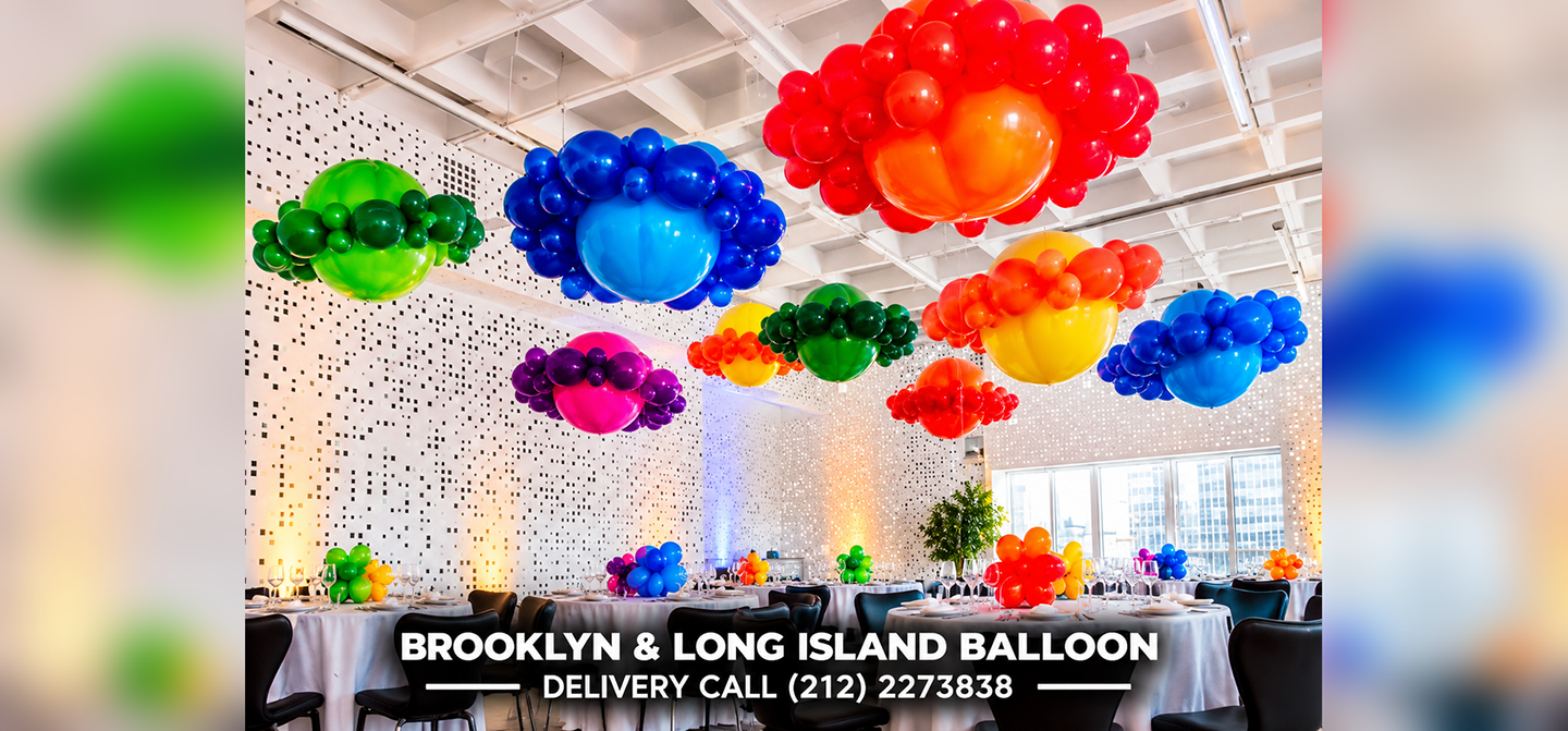 Colorful hanging balloon decorations for a New York City event by Balloon Saloon