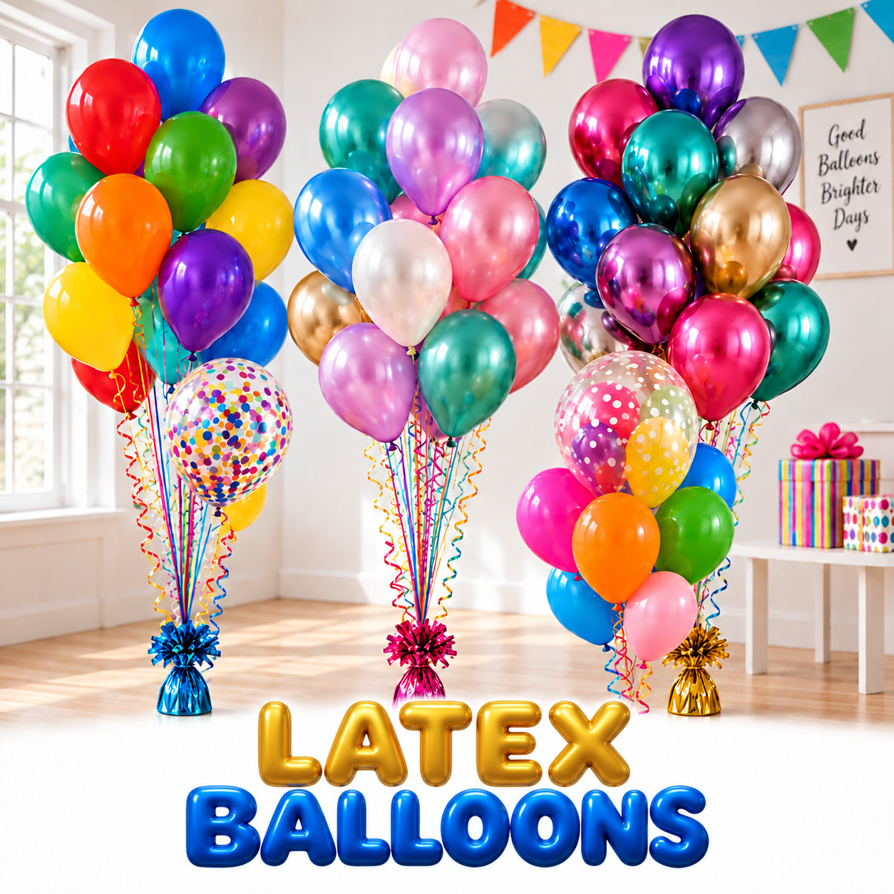 Colorful latex balloon bouquets in NYC with standard, pearl, metallic and confetti balloons