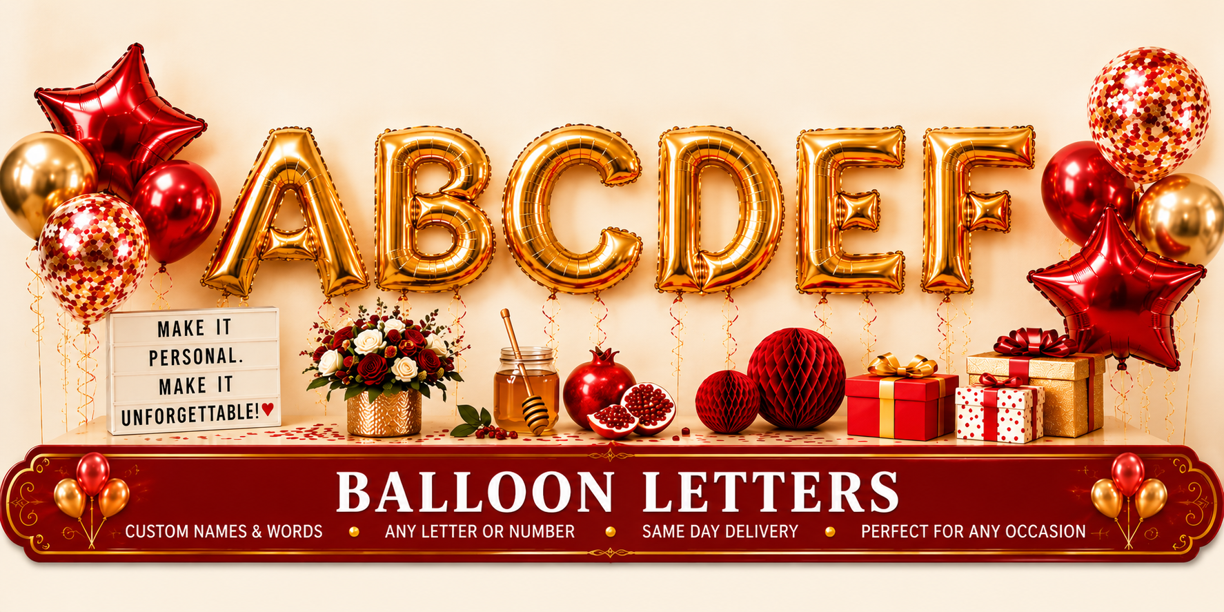Gold letter and number balloons with same day delivery in NYC